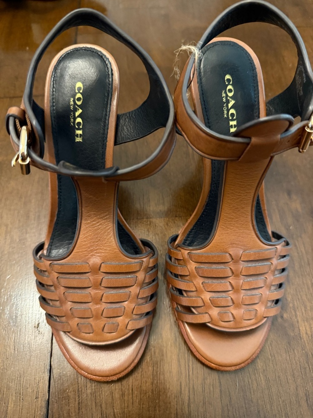 COACH Izzy Tan Brown Leather Woven Ankle Strap Sandals size 6